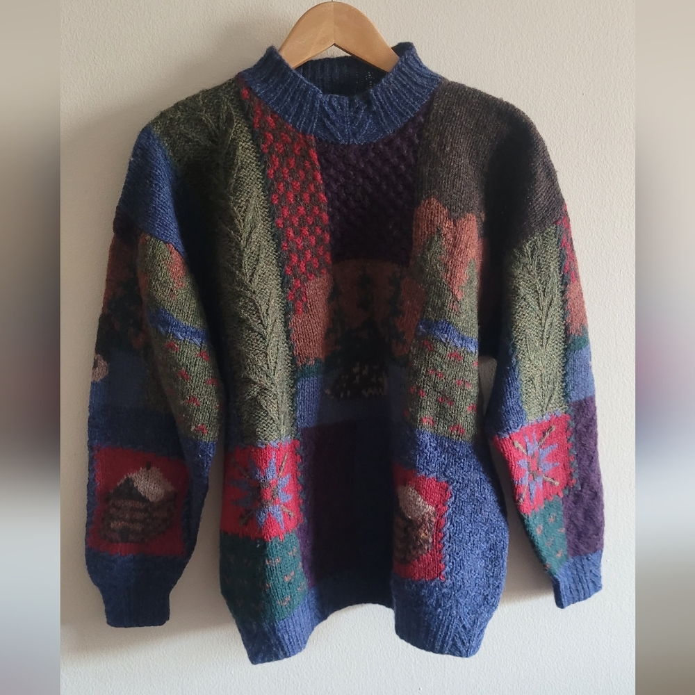 Vtg Woolrich patchwork hand knit pure wool sweater Women's XL multi colored